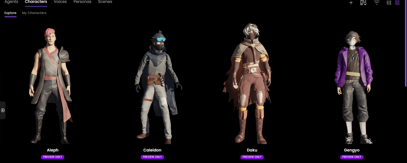 The Character XYZ library, showing rigged characters ready to pick from